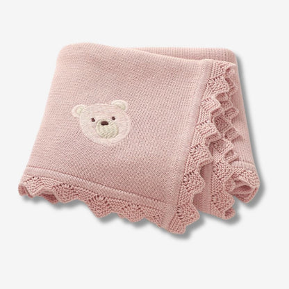 Gestrickte Neugeborenen-Puckdecke – Bärenkopf-Stickerei