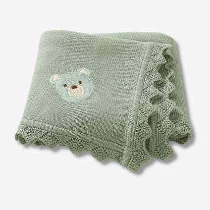 Gestrickte Neugeborenen-Puckdecke – Bärenkopf-Stickerei